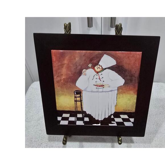 Jennifer Garant “Fat Chef with Spaghetti” Framed Ceramic Tile Trivet / Wall - Picture 7 of 10